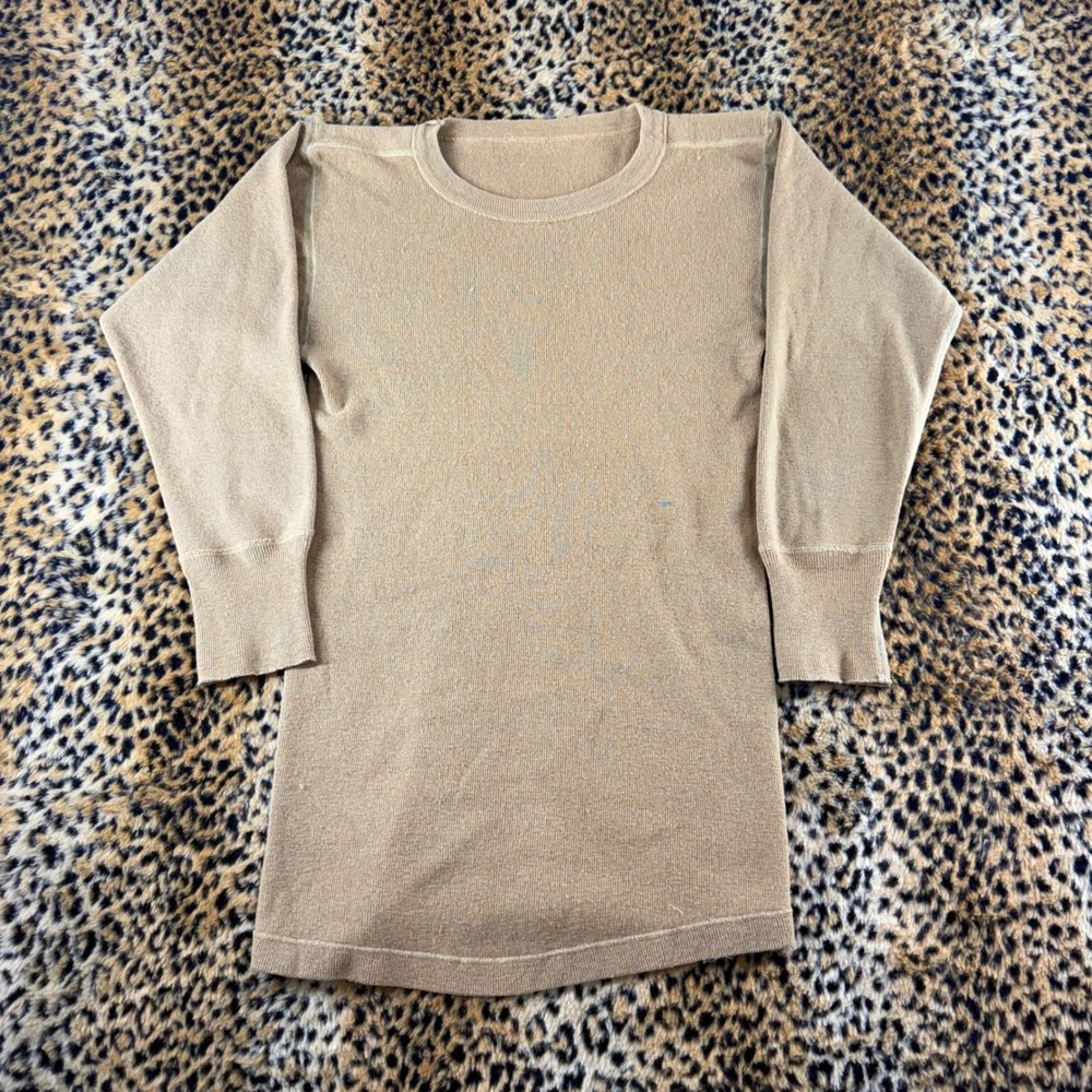 Vintage 1940s Military Undershirt Khaki Ribbed Knit Long Sleeve Crew Neck 1341